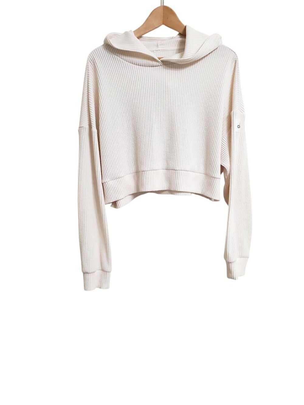ALO Yoga Muse Cropped Ribbed Hoodie M Ivory Loungewear Relaxed Long Sleeve - Picture 3 of 10